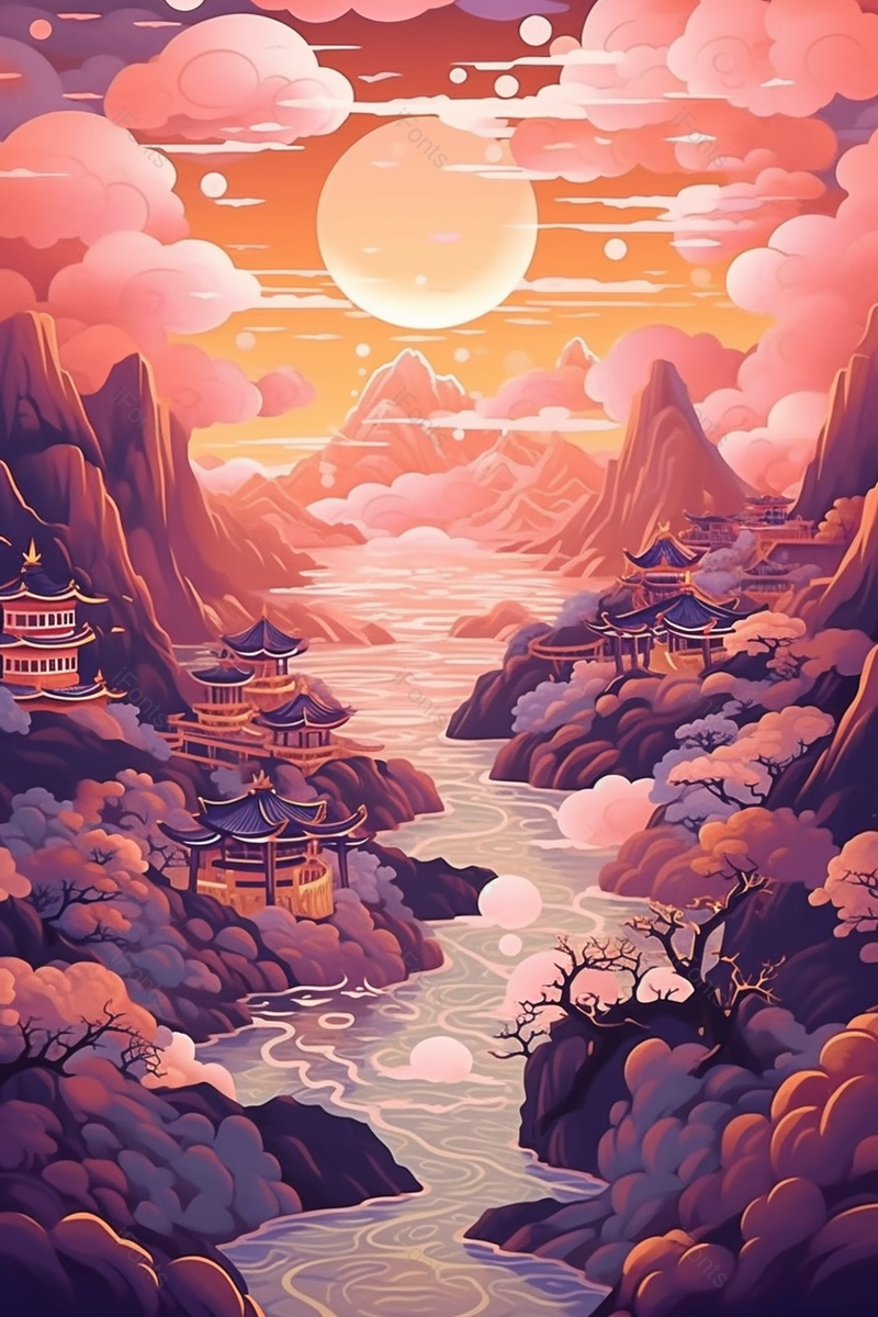 满月粉色云朵山峰凉亭建筑枯木树枝溪流中国风插画国潮,插画/手绘图,插画/手绘图库,插画/手绘图下载,插画/手绘